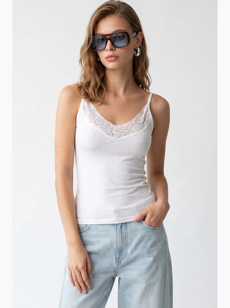 Caraco ajusté en viscose et dentelle mixray Blanc - Kiabi