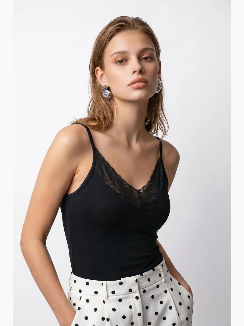 Caraco ajusté en viscose et dentelle mixray Noir - Kiabi