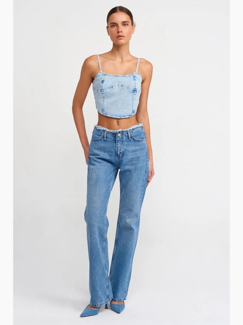 Caraco court en denim col carré ajusté dilvin Bleu clair - Kiabi