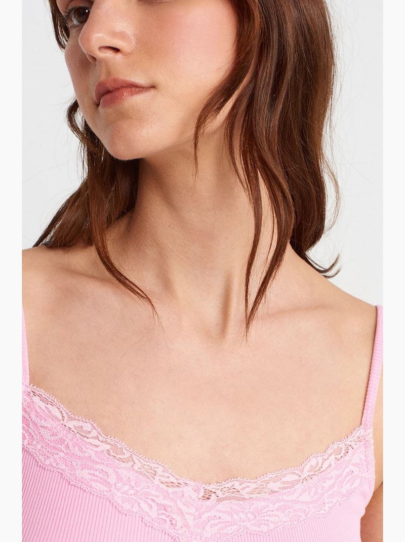 Caraco en maille côtelée avec dentelle, coupe ajustée dilvin Rose dragée - Kiabi
