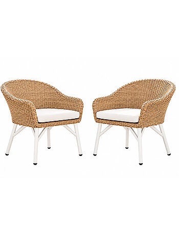 Carcina lot de 2 fauteuils de jardin effet résine tressé blanc et bois