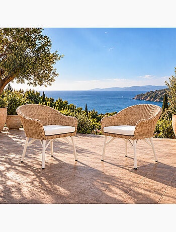 Carcina lot de 2 fauteuils de jardin effet résine tressé blanc et bois