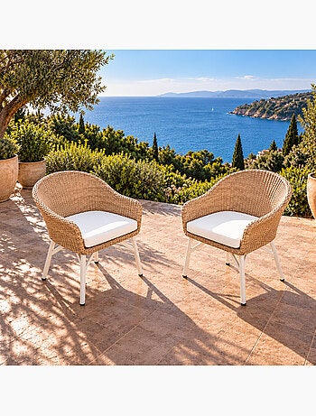 Carcina lot de 2 fauteuils de jardin effet résine tressé blanc et bois