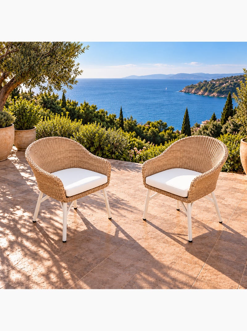 Carcina lot de 2 fauteuils de jardin effet résine tressé blanc et bois Blanc - Kiabi