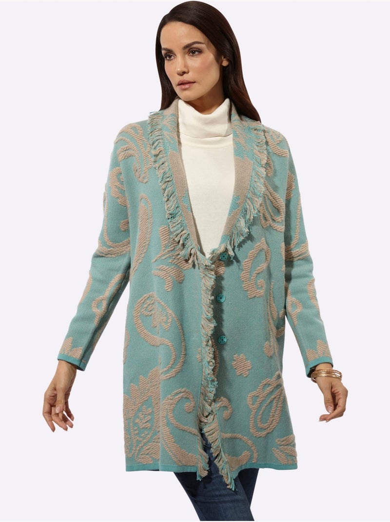 Cardigan 10% Laine - Taille Standard - Helline Vert sauge/Blanc cassé/Sable - Kiabi
