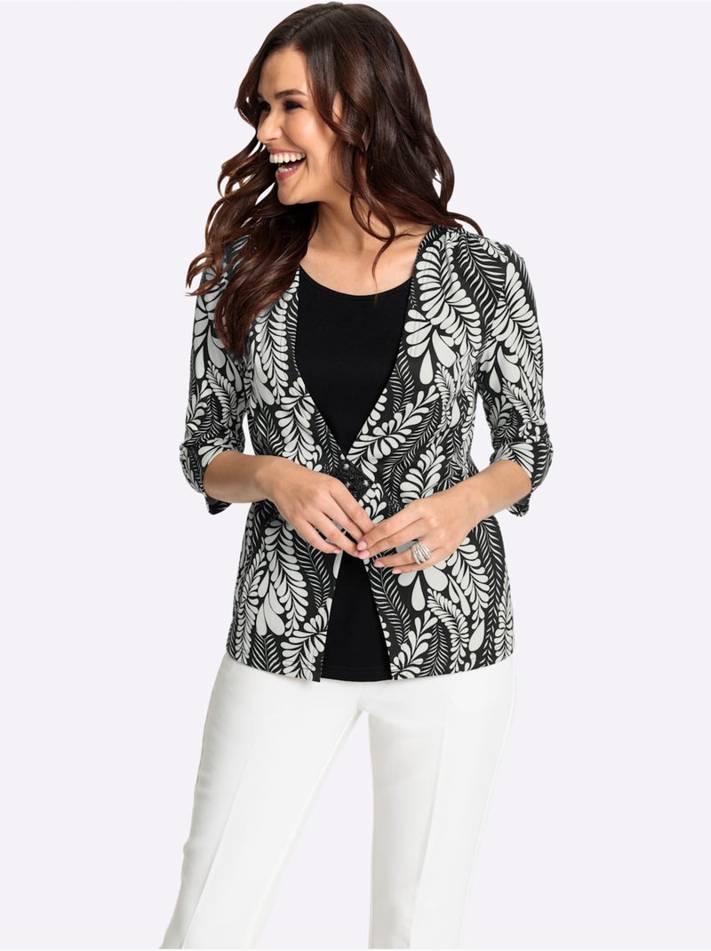 Cardigan à col en V motif feuilles et manches trois quarts - Taille standard - Witt Noir Beige Noir - Kiabi