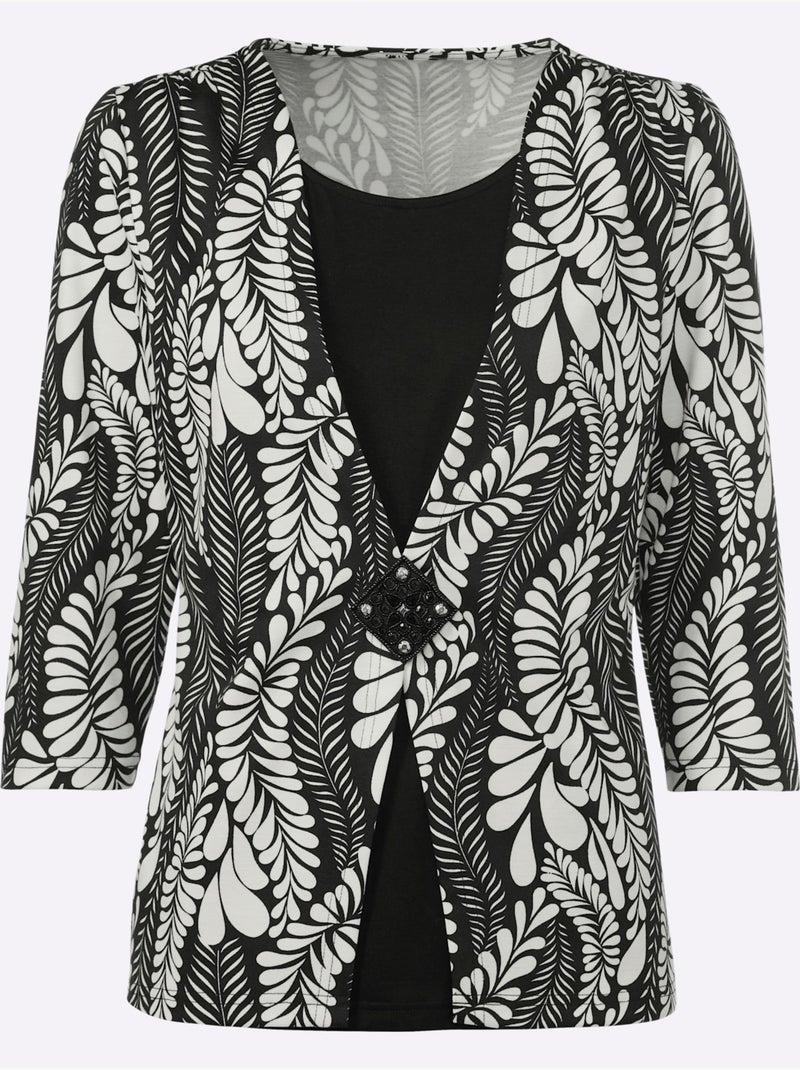 Cardigan à col en V motif feuilles et manches trois quarts - Taille standard - Witt Noir Beige Noir - Kiabi