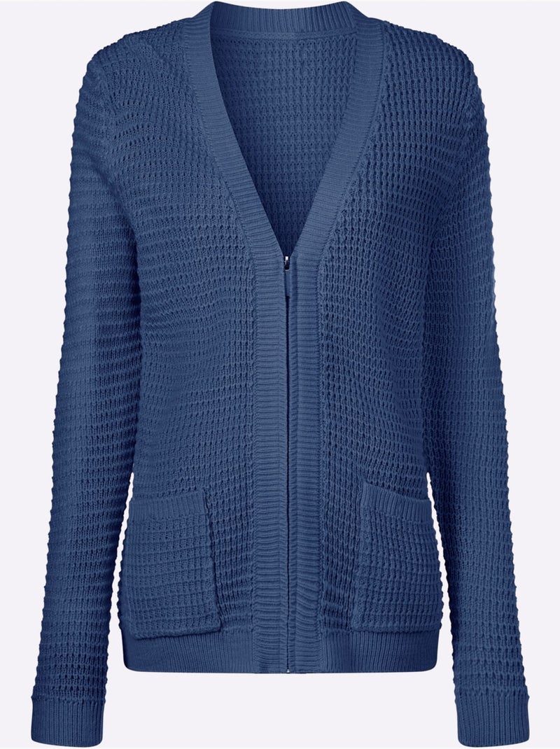 Cardigan à col V avec glissière et poches plaquées - Taille standard - Moda Vilona Bleu jean - Kiabi