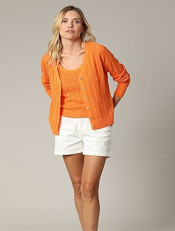 Cardigan à col V en maille délicatement ajourée avec boutons 'Deeluxe'