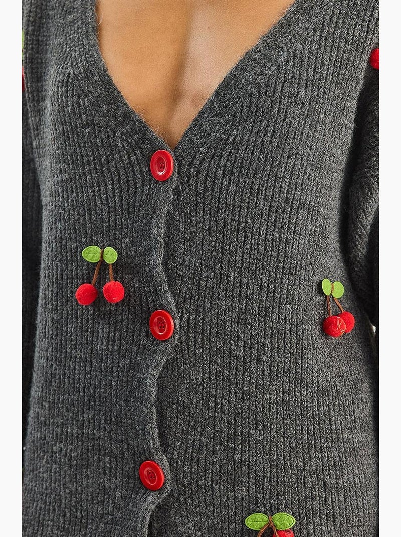Cardigan à motif fruits, boutons et col v lucci Gris Noir - Kiabi