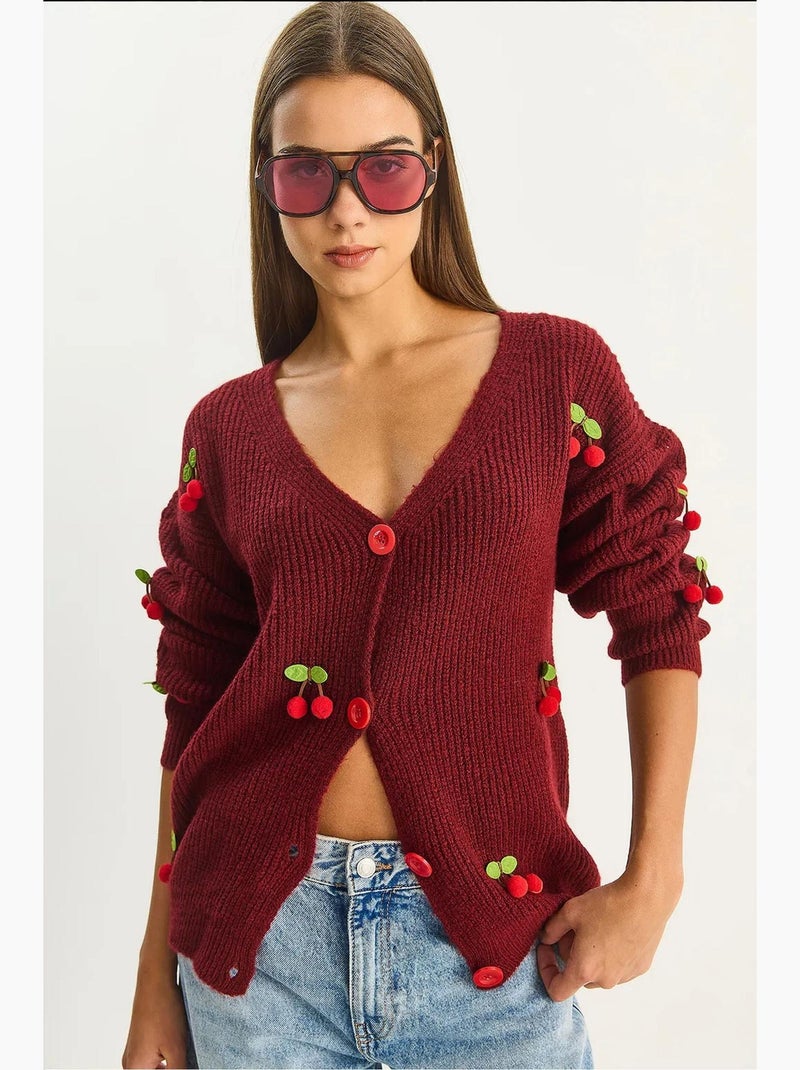 Cardigan à motif fruits, boutons et col v lucci Rouge bordeaux - Kiabi