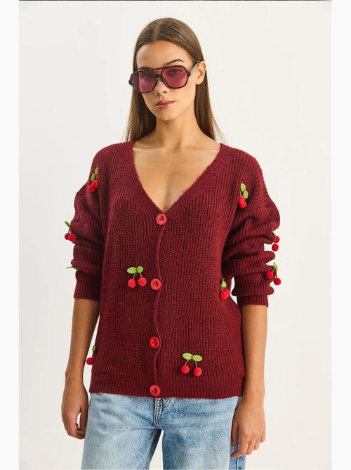 Cardigan à motif fruits, boutons et col v lucci - Kiabi Cardigan à motif fruits, boutons et col v lucci - Kiabi