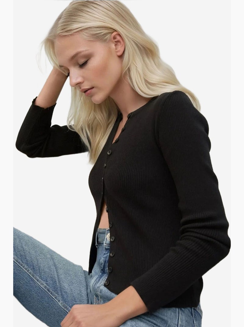 Cardigan ajusté à manches longues et col ras du cou hiccup Noir - Kiabi