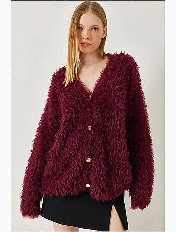 Cardigan boutonné à col en v en maille douce et duveteuse lucci