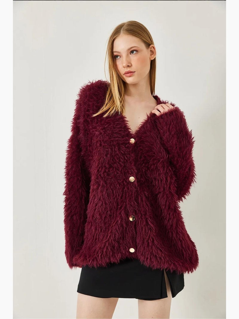 Cardigan boutonné à col en v en maille douce et duveteuse lucci Rouge bordeaux - Kiabi
