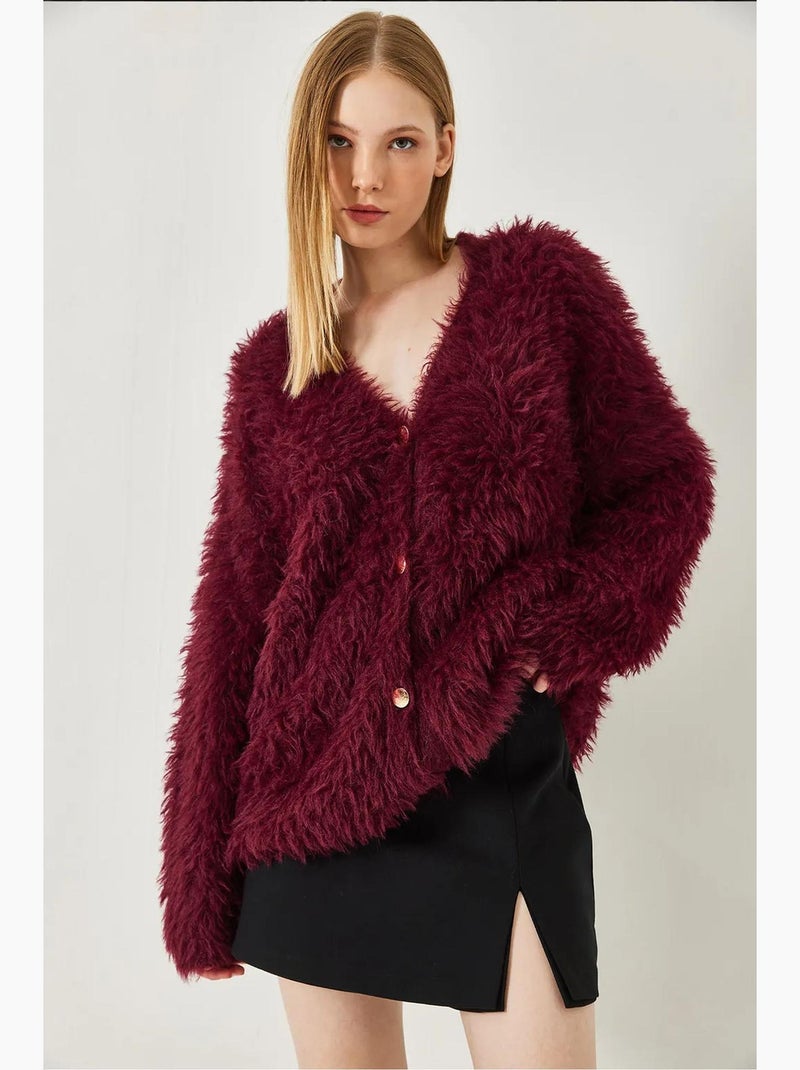 Cardigan boutonné à col en v en maille douce et duveteuse lucci Rouge bordeaux - Kiabi