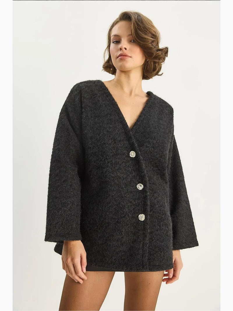 Cardigan boutonné à col en v en peluche texturée lucci Noir - Kiabi