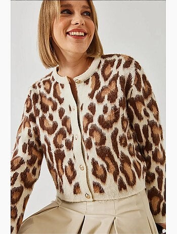 Cardigan boutonné en maille à motif léopard lucci