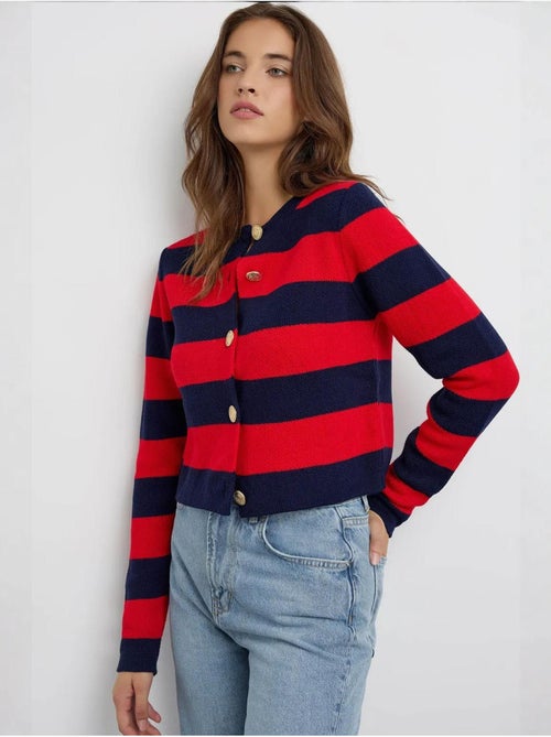 Cardigan boutonné en maille rayée - Kiabi
