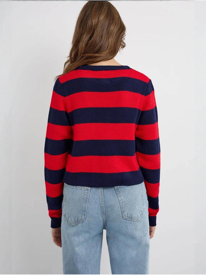Cardigan boutonné en maille rayée Rouge - Kiabi