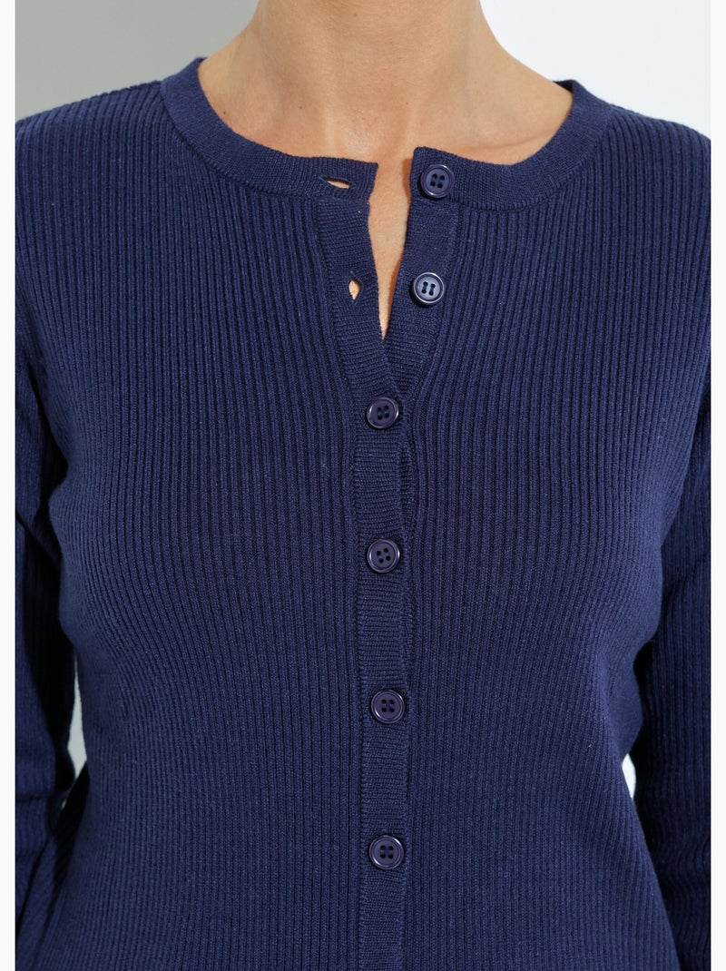 Cardigan boutonné maille côtelée unie Bleu marine - Kiabi