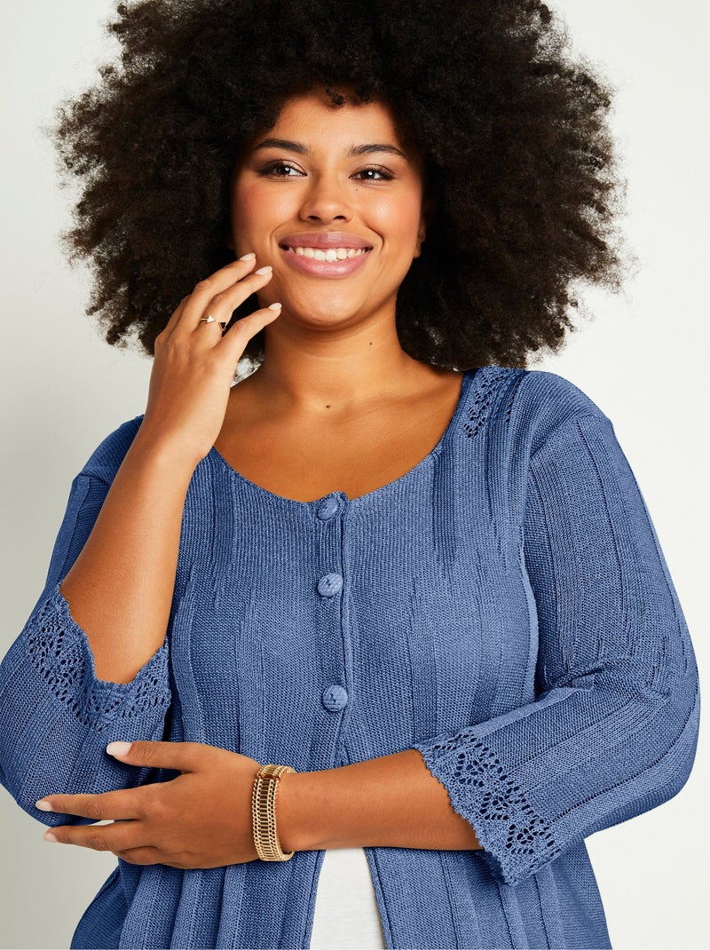 Cardigan boutonnée long ajouré - Afibel Bleu - Kiabi