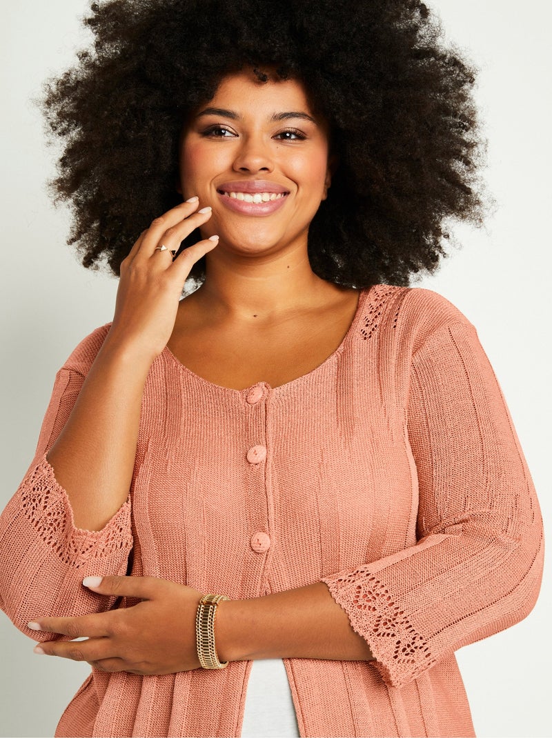 Cardigan boutonnée long ajouré Abricot - Kiabi