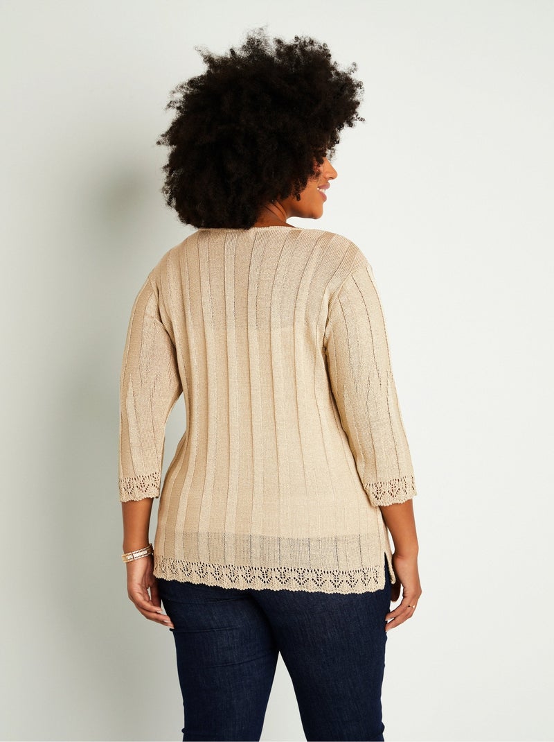 Cardigan boutonnée long ajouré Beige - Kiabi