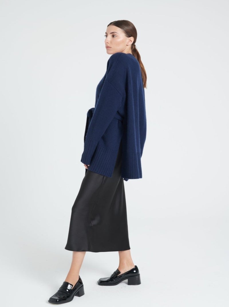 Cardigan ceinturé femme 100% cachemire 8 fils - ZAYA 8 Bleu marine - Kiabi