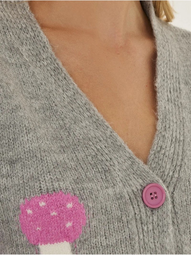 Cardigan col en V à motif champignon Gris - Kiabi