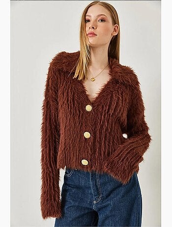 Cardigan col polo avec boutons dorés et aspect fausse fourrure lucci