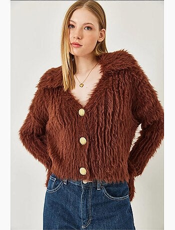 Cardigan col polo avec boutons dorés et aspect fausse fourrure lucci