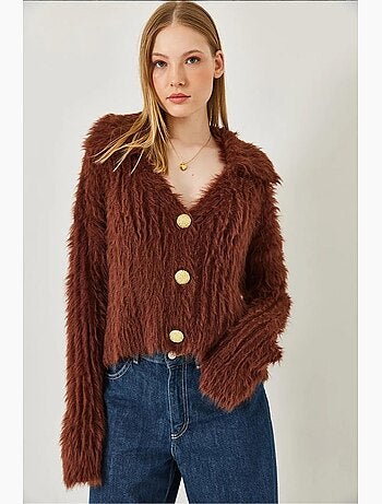 Cardigan col polo avec boutons dorés et aspect fausse fourrure lucci