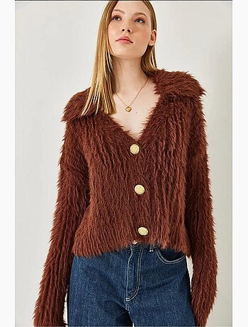 Cardigan col polo avec boutons dorés et aspect fausse fourrure lucci