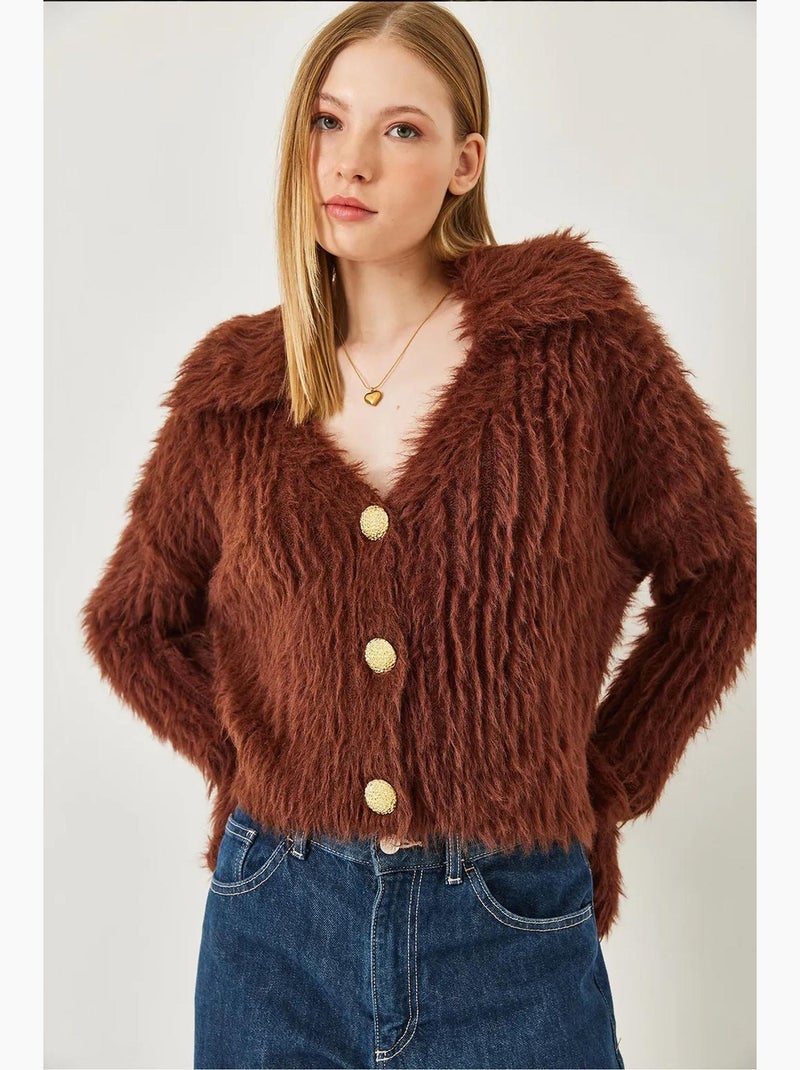 Cardigan col polo avec boutons dorés et aspect fausse fourrure lucci Marron chocolat - Kiabi