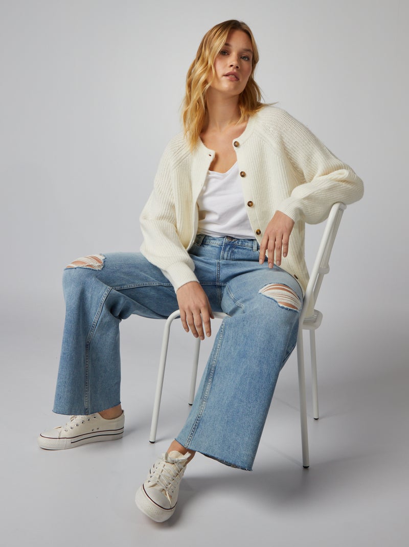 Cardigan col rond maille épaisse blanc - Kiabi