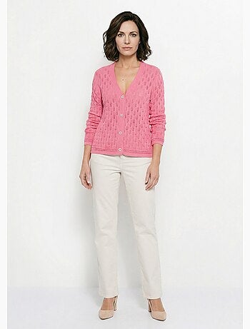 Cardigan col v boutonné ajouré uni coton - afibel