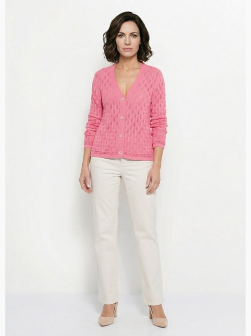 Cardigan col v boutonné ajouré uni coton - afibel - Kiabi