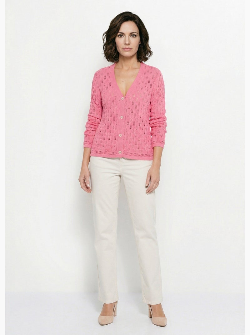 Cardigan col v boutonné ajouré uni coton - afibel Rose - Kiabi