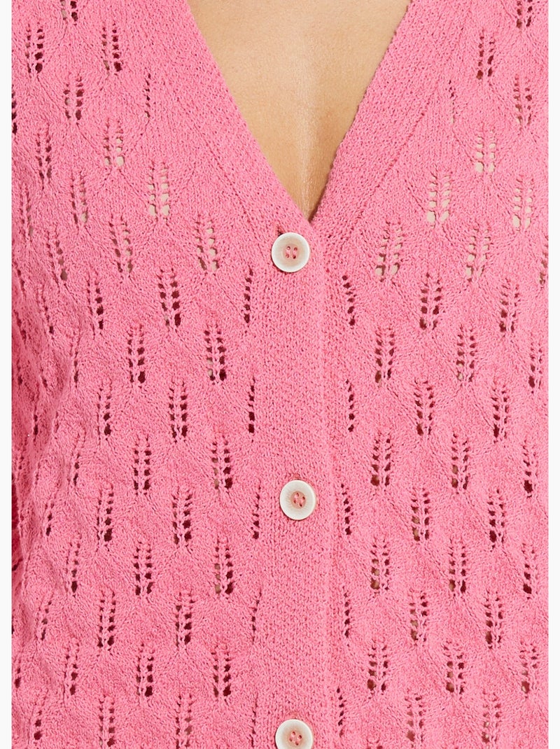 Cardigan col v boutonné ajouré uni coton - afibel Rose - Kiabi