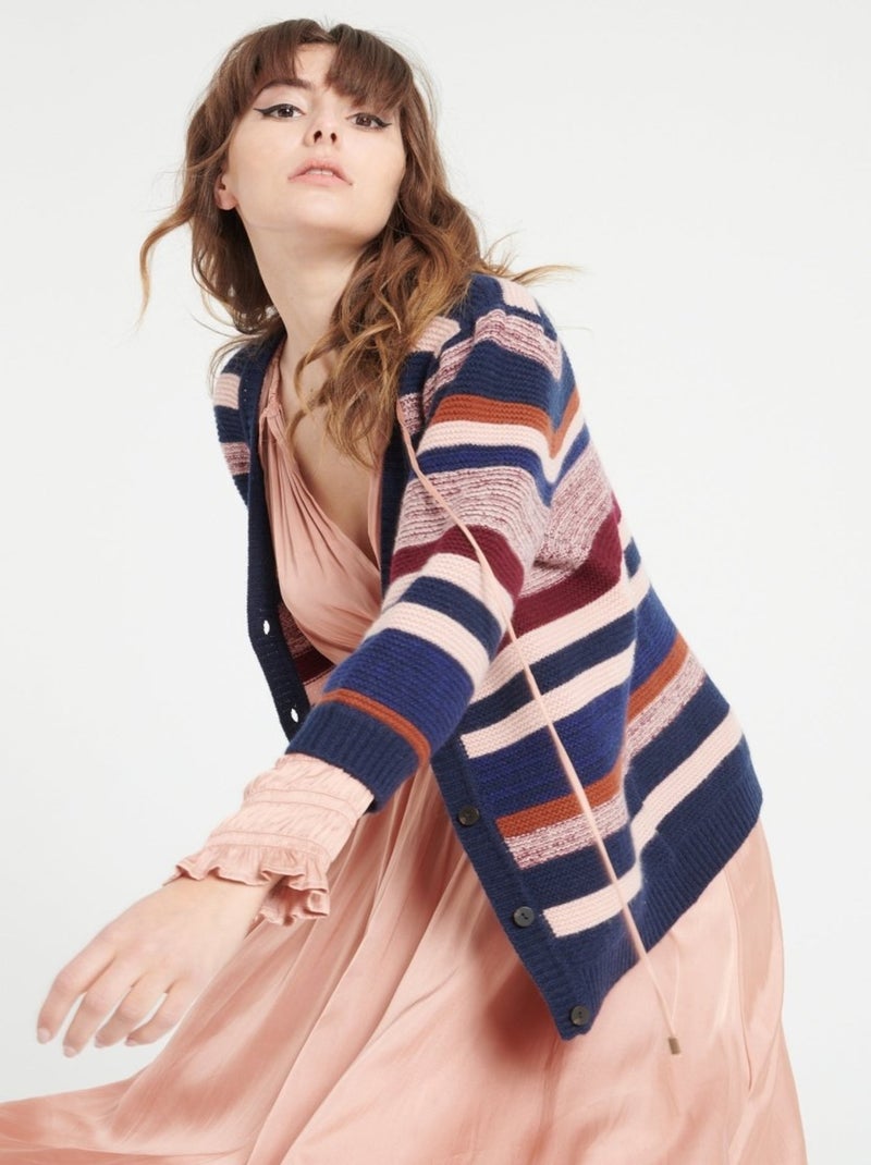 Cardigan col V manches 3/4 femme 100% cachemire 6 fils  - MIA 11 Bleu Multicolore - Kiabi