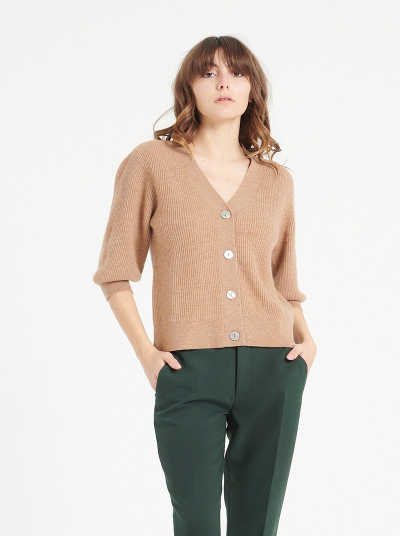 Cardigan col V manches courtes femme 100% cachemire - MIA 13 Camel - Kiabi