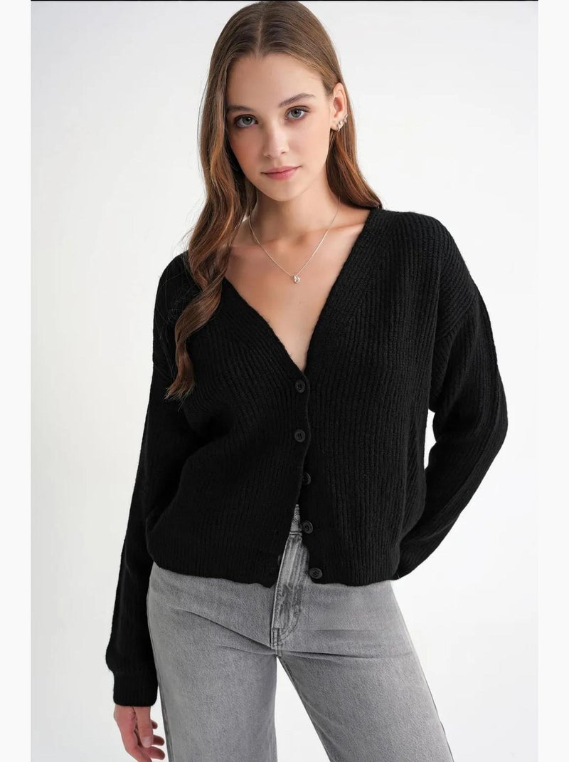 Cardigan côtelé à boutons et col en v texturé mixray Noir - Kiabi