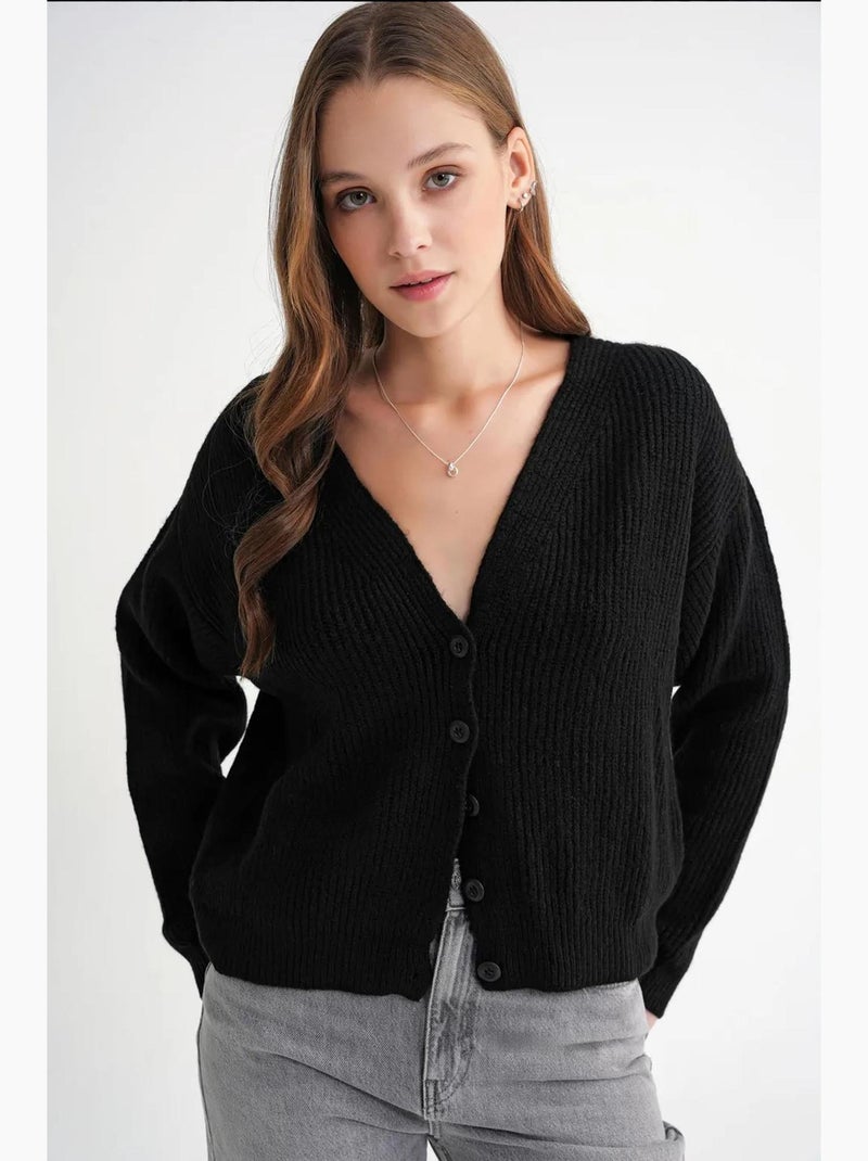 Cardigan côtelé à boutons et col en v texturé mixray Noir - Kiabi