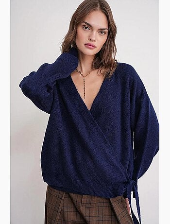 Cardigan côtelé à col en v et fermeture à nouer mixray