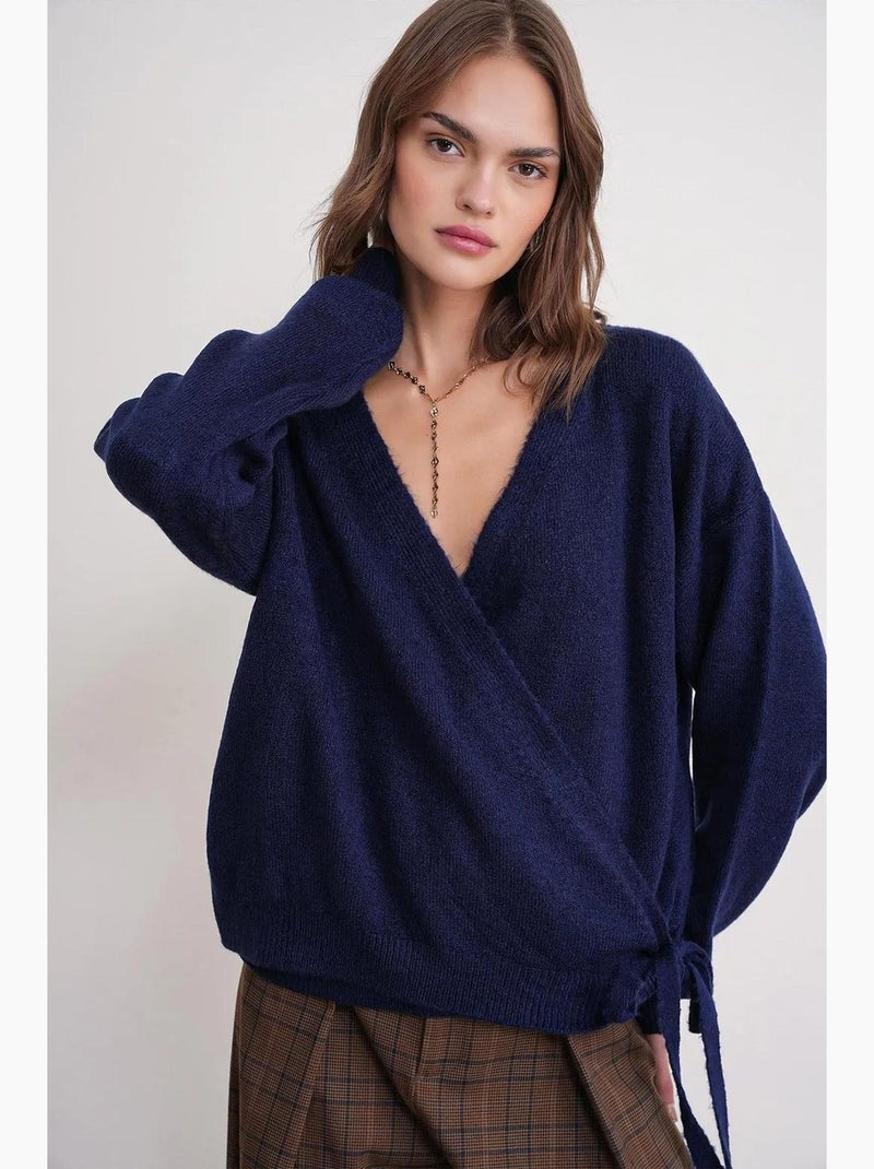 Cardigan côtelé à col en v et fermeture à nouer mixray Bleu marine - Kiabi