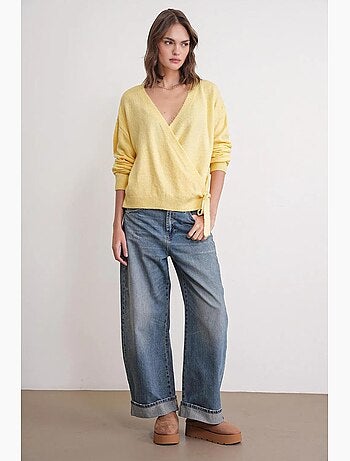 Cardigan côtelé à col en v et fermeture à nouer mixray