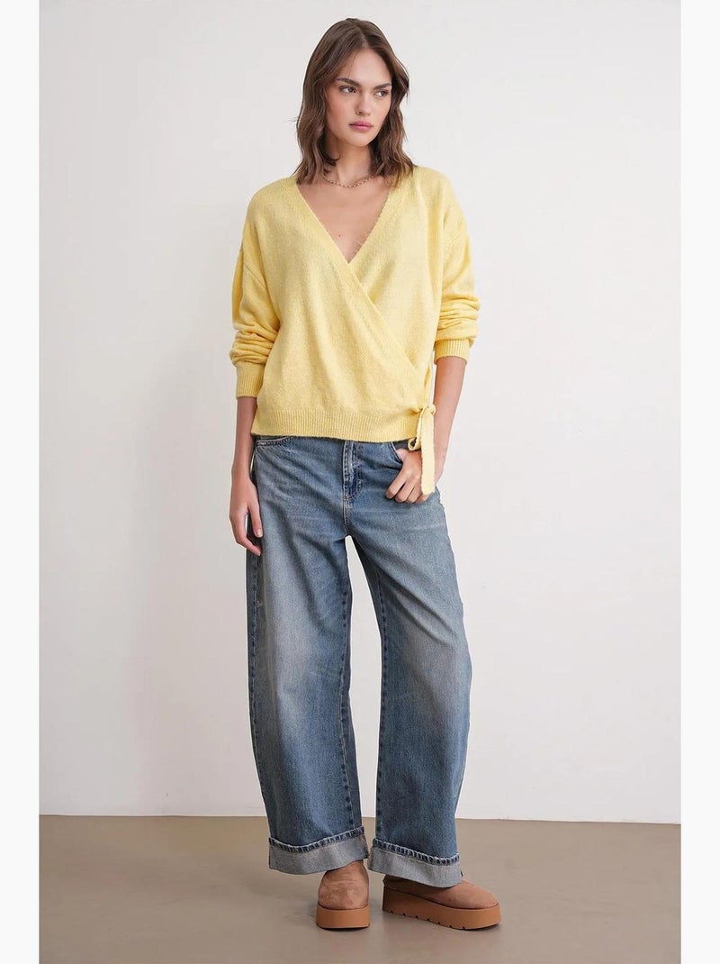 Cardigan côtelé à col en v et fermeture à nouer mixray Jaune citron - Kiabi