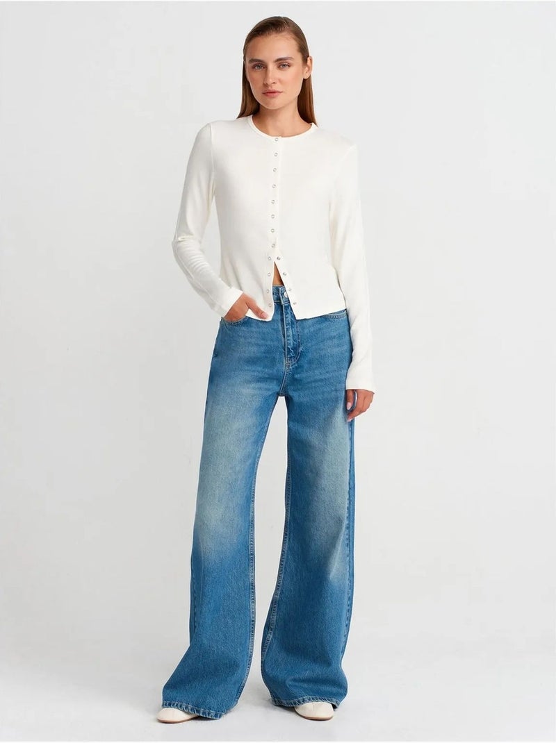 Cardigan côtelé à col rond et boutons dilvin Blanc cassé - Kiabi