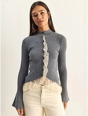 Cardigan côtelé à demi col roulé lucci